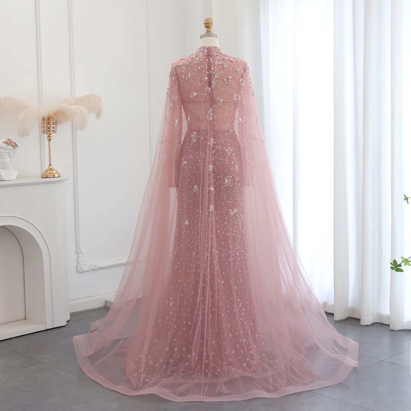 Luxury Dubai Pink Evening Dress with Cape Long Sleeves Mermaid Sage Green Women Wedding Party Gown - Image 14