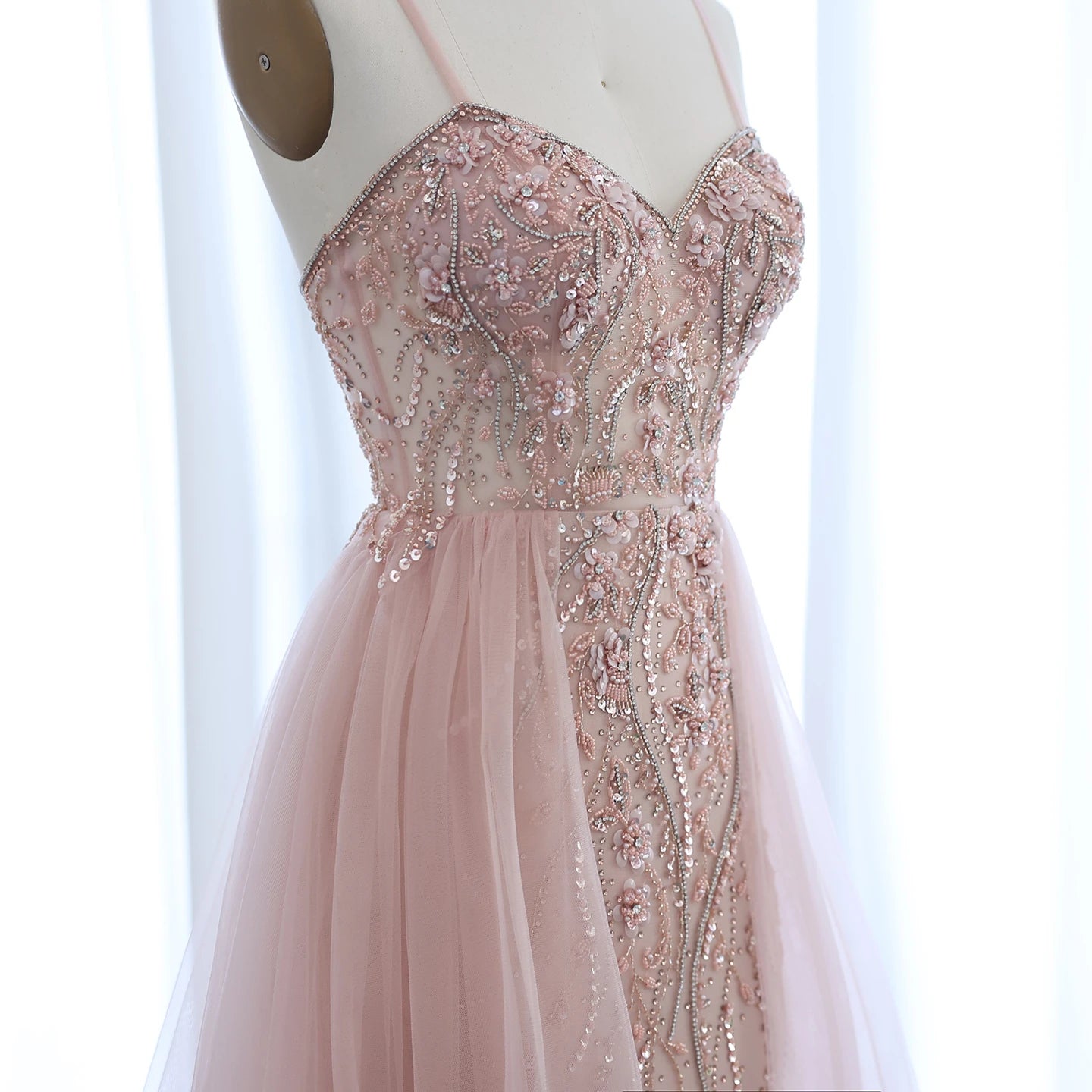 Blush Pink Dubai Evening Dresses with Overskirt Spaghetti Straps Sexy Long Luxury Wedding Party Prom Dress - Image 7