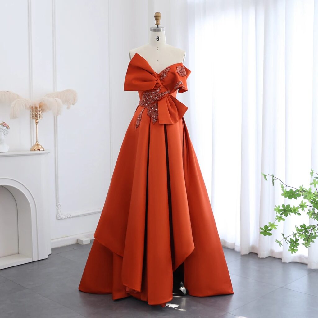 Orange Satin Evening Dress 2024 Elegant Off Shoulder Short Front Long Back Wedding Party Gowns