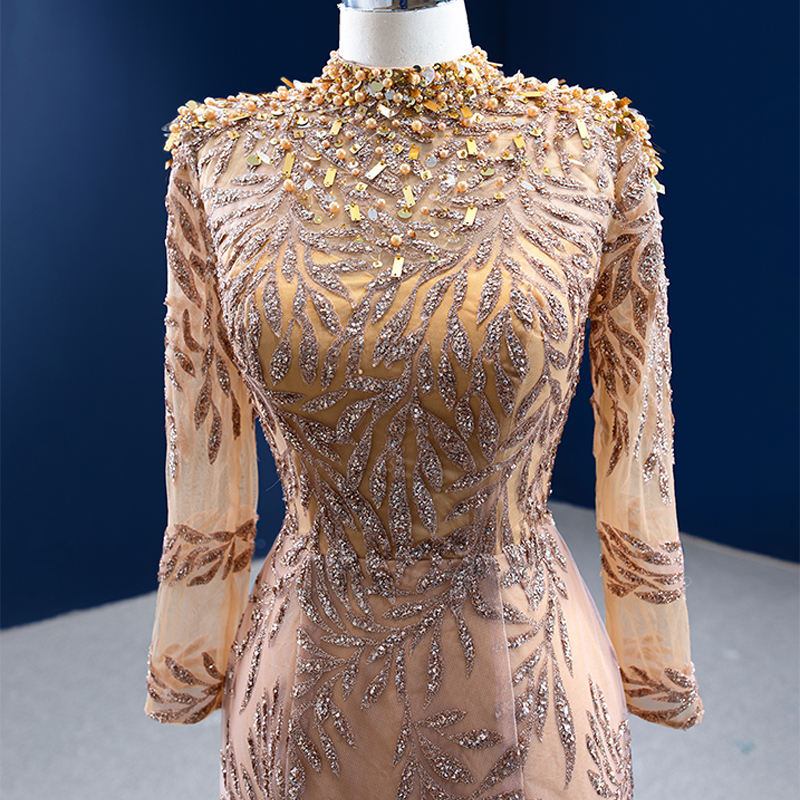 Champagne Long Sleeve Elegant Sexy High Neck Mermaid Evening Prom Dress - Image 2