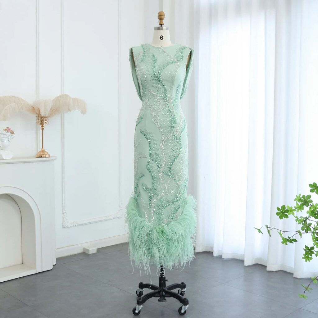 Luxury Sage Green Evening Dresses for Women Wedding Feathers Graduation Prom Dresses
