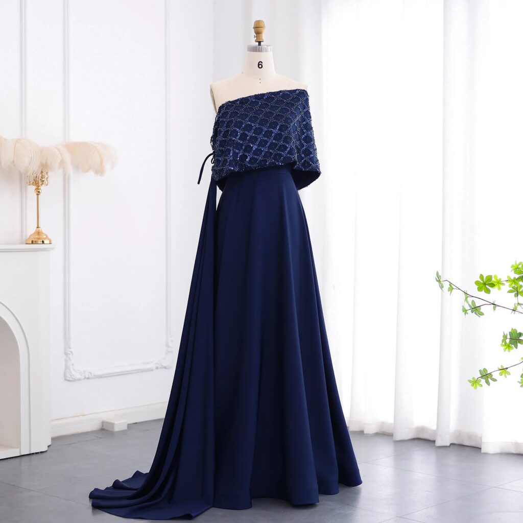 Elegant Off Shoulder Navy Blue Evening Dress with Cape for Women Wedding Party Formal Gowns