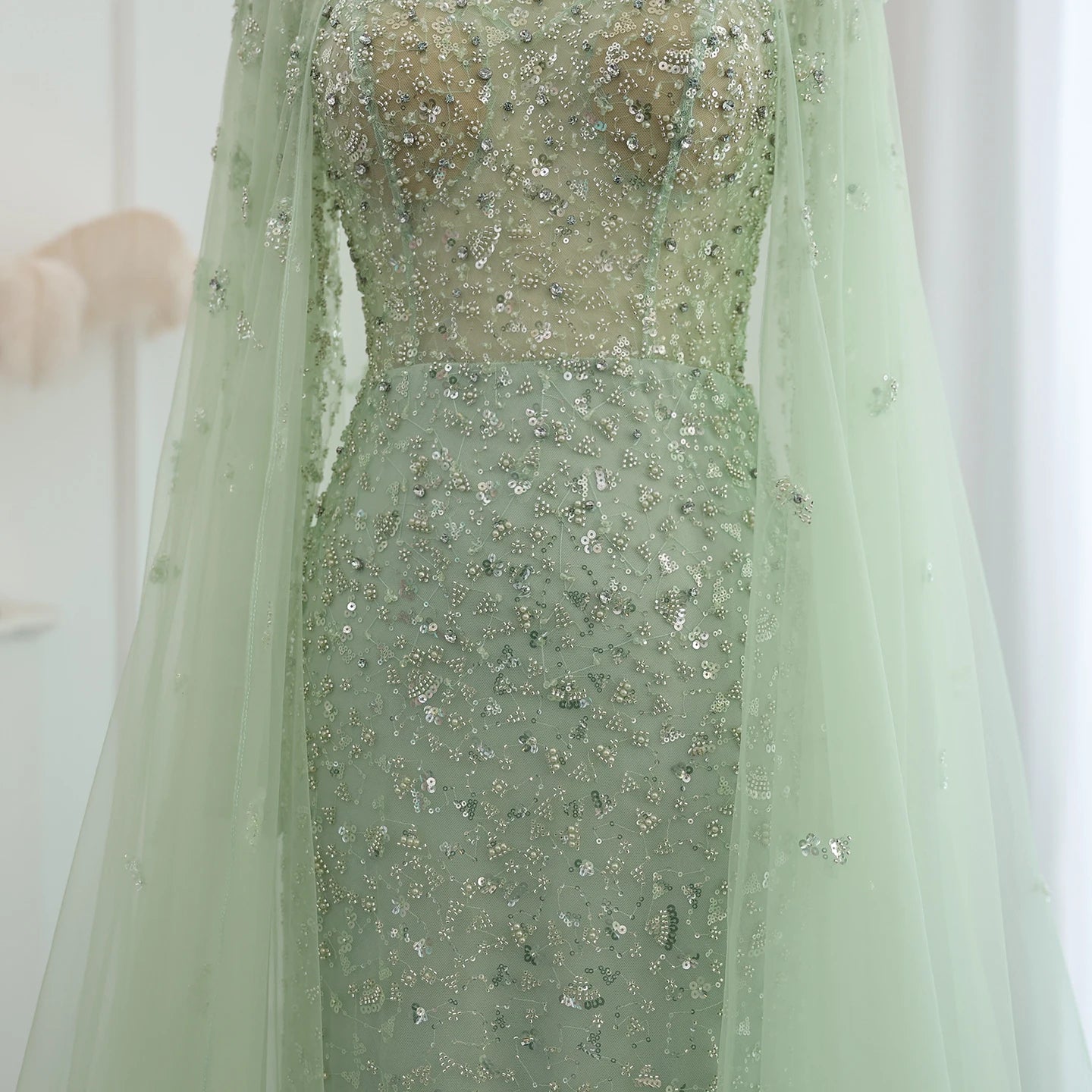 Luxury Dubai Pink Evening Dress with Cape Long Sleeves Mermaid Sage Green Women Wedding Party Gown - Image 4