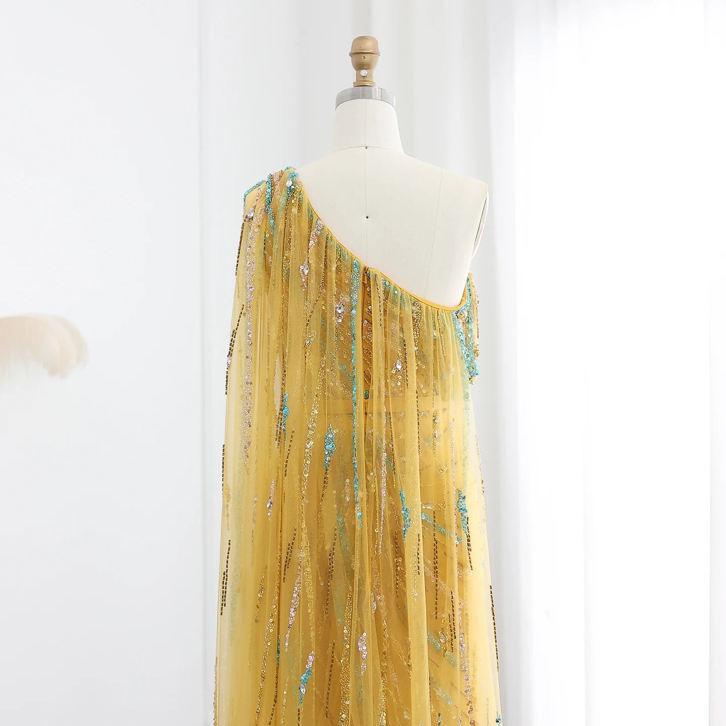 Luxury One Shoulder Gold Yellow Evening Dress with Cape Elegant Women Wedding Formal Party Gowns - Image 5