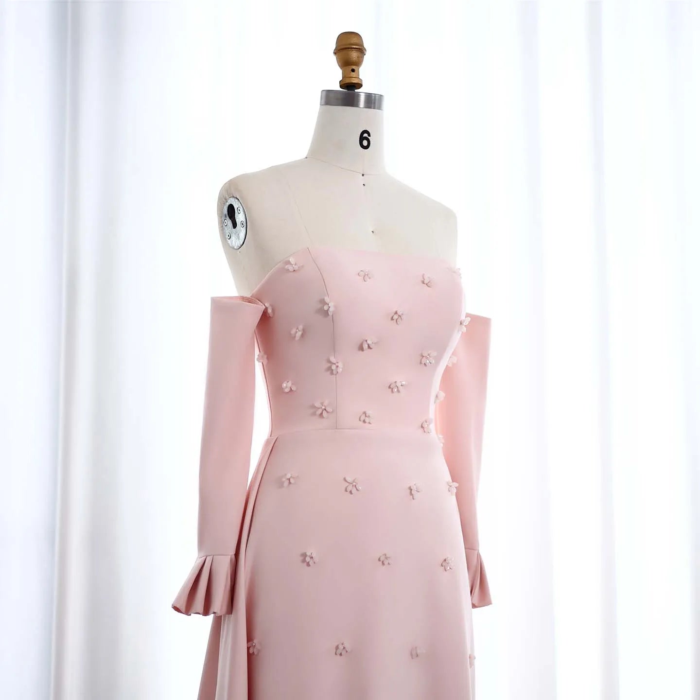 Elegant Strapless 3D Floral Beaded Pink Evening Dress with Long Sleeves Overskirt for Women Wedding - Image 6