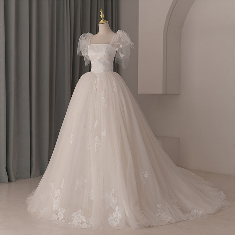 Princess Puff Sleeve Ball Gown Organza Floral Print Wedding Dress