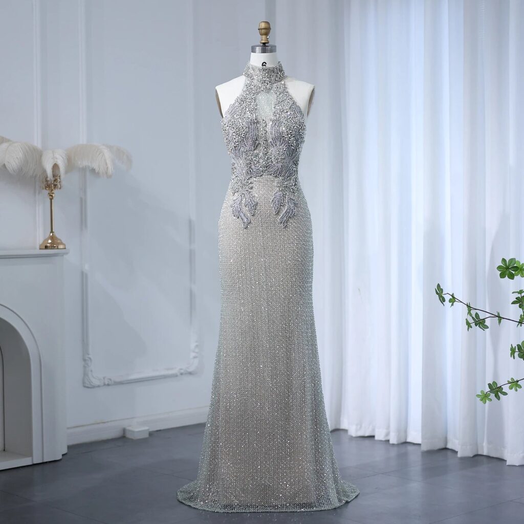 Elegant Halter Silver Nude Beaded Luxury Evening Dress for Wedding Backless Formal Party Gowns