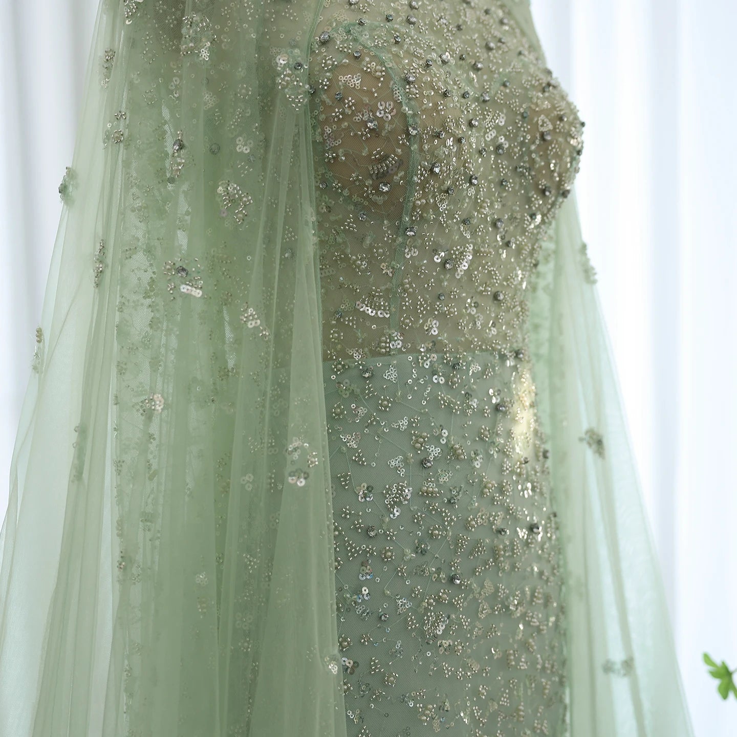 Luxury Dubai Pink Evening Dress with Cape Long Sleeves Mermaid Sage Green Women Wedding Party Gown - Image 7