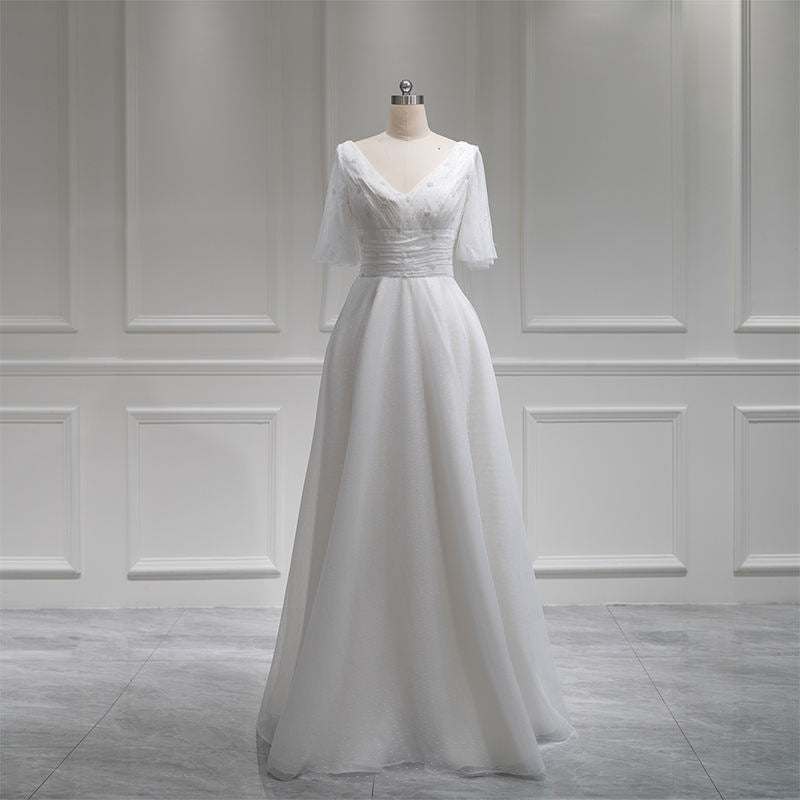 Simple V-neck Short Sleeve A-line Pearls Wedding Dresses