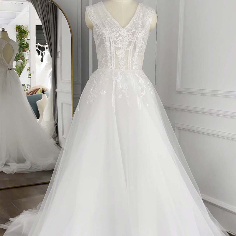 Formal Illusion V-neck Tank Sleeveless Pattern Backless Zipper Wedding Dress