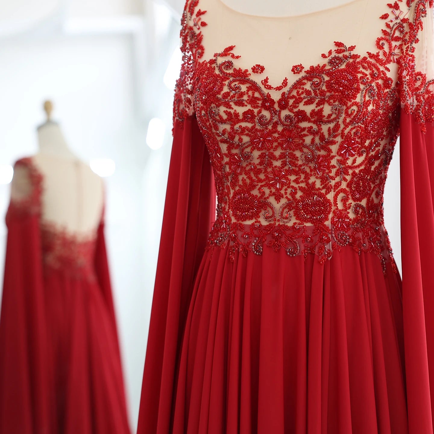 Elegant Wine Red Chiffon Beaded Luxury Evening Dress with Cape Sleeves for Wedding Party Gowns - Image 3