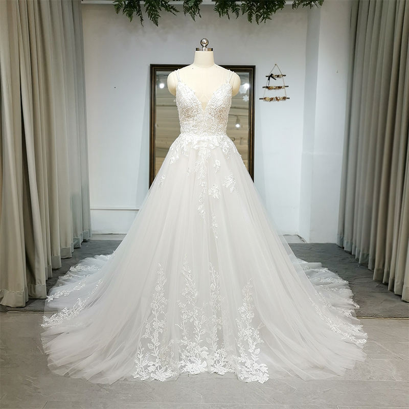 Classic White Floral Print Spaghetti Strap V-neck Flowers Wedding Gown