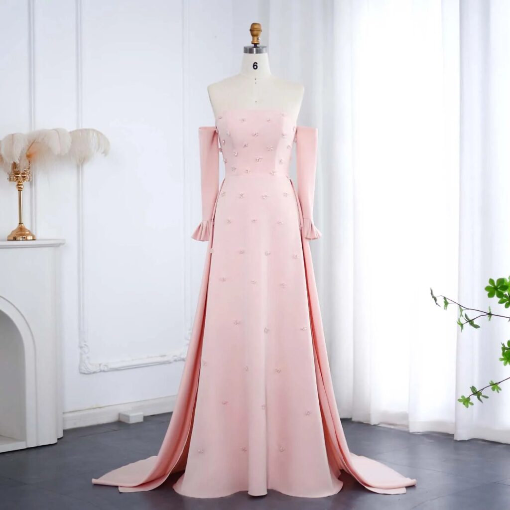 Elegant Strapless 3D Floral Beaded Pink Evening Dress with Long Sleeves Overskirt for Women Wedding