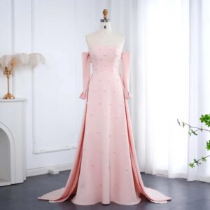 Elegant Strapless 3D Floral Beaded Pink Evening Dress with Long Sleeves Overskirt for Women Wedding
