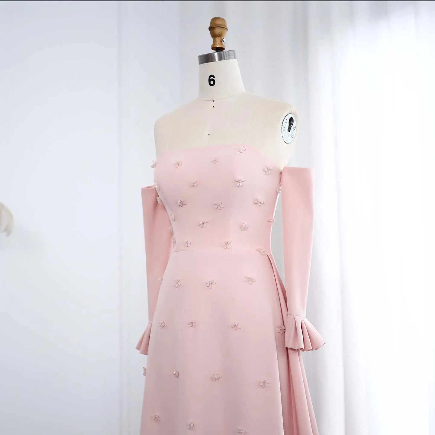 Elegant Strapless 3D Floral Beaded Pink Evening Dress with Long Sleeves Overskirt for Women Wedding - Image 5