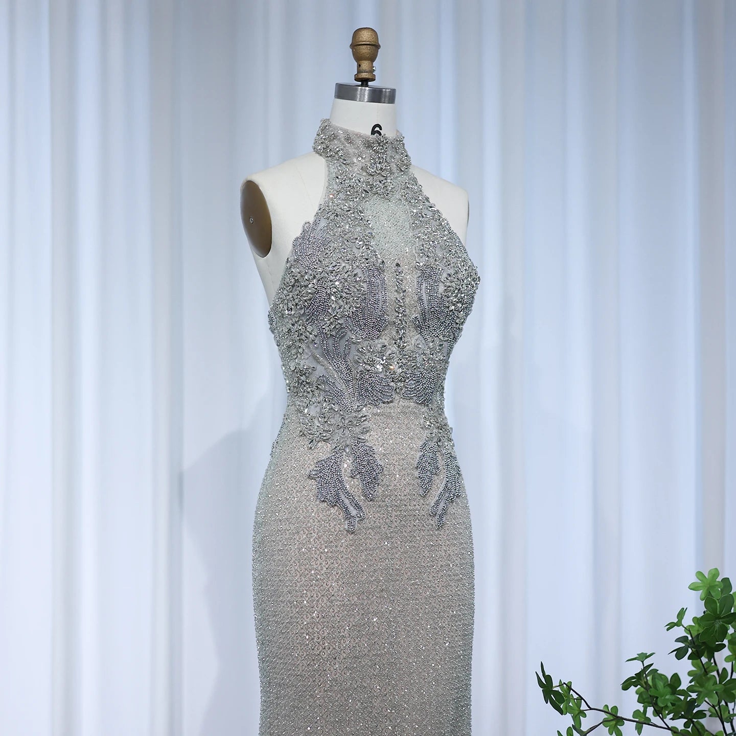 Elegant Halter Silver Nude Beaded Luxury Evening Dress for Wedding Backless Formal Party Gowns - Image 4
