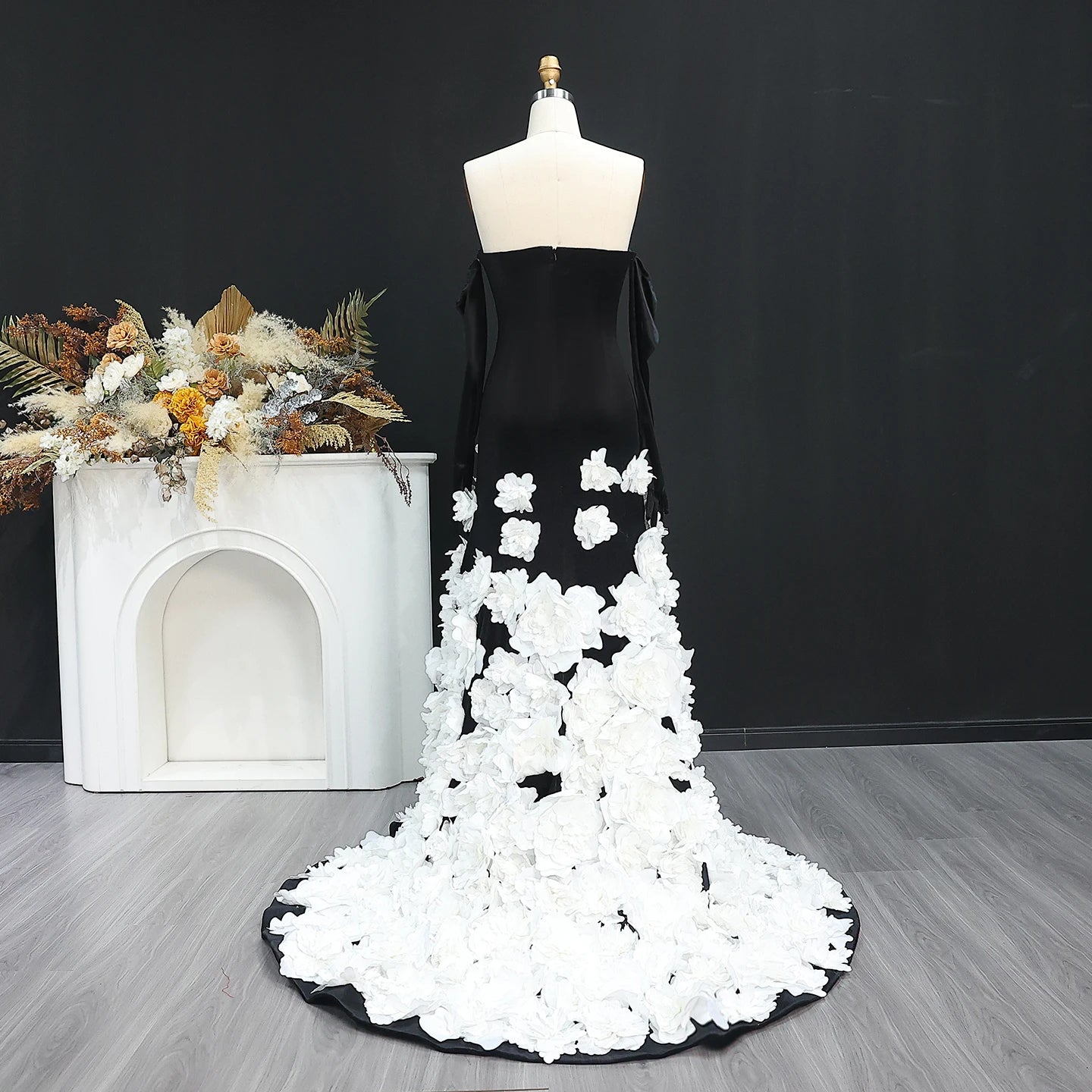 Luxury Black Velvet Strapless Evening Dress with Gloves 3D Flowers Women Wedding Party Gowns - Image 5