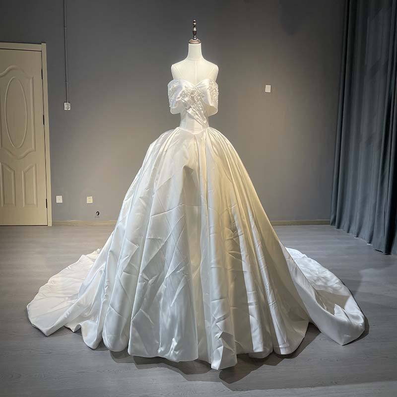 Custom Off Shoulder Bride Gown Short Sleeve Elegant Maxi Wedding Dresses - Image 3