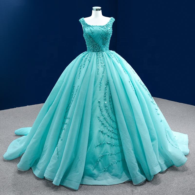 Blue Sleeveless Sequins Long Gown Bridal Evening Dress