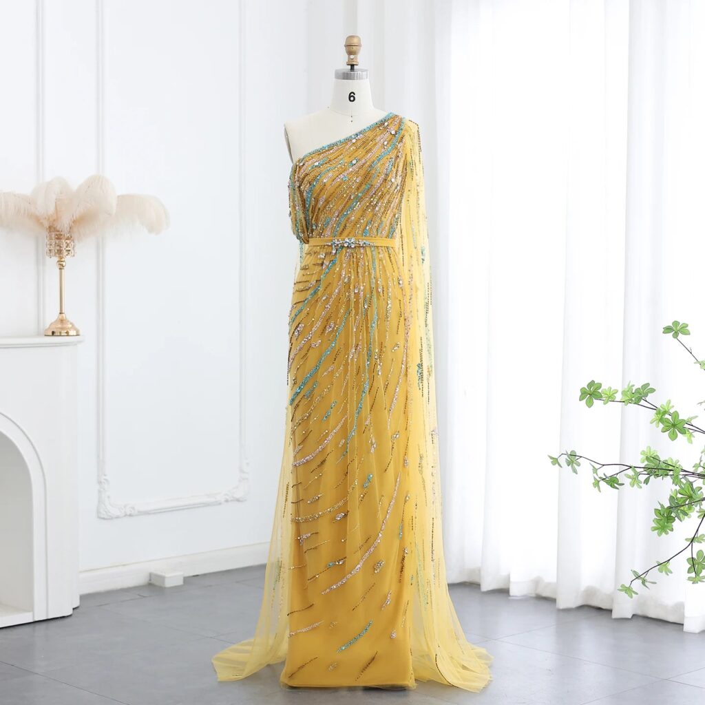 Luxury One Shoulder Gold Yellow Evening Dress with Cape Elegant Women Wedding Formal Party Gowns