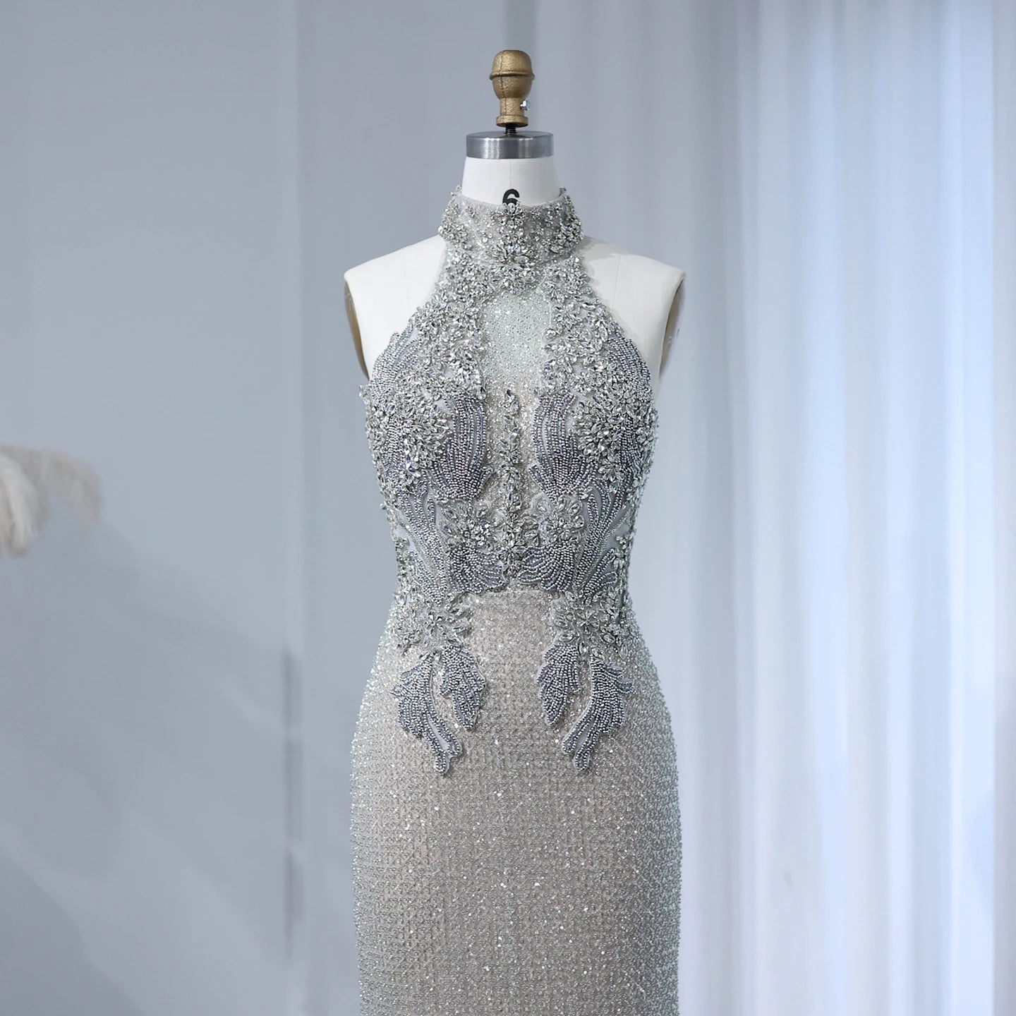 Elegant Halter Silver Nude Beaded Luxury Evening Dress for Wedding Backless Formal Party Gowns - Image 2