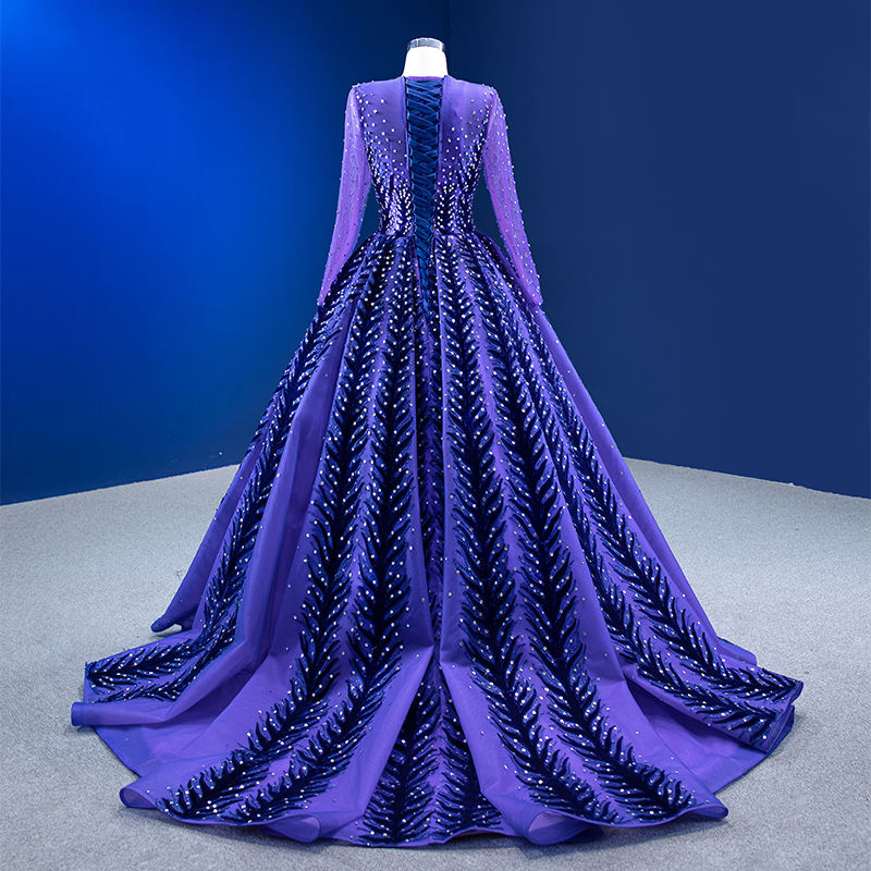 Lace Prom Gown Purple Sequin Elegant Long Sleeve Evening Dress - Image 4