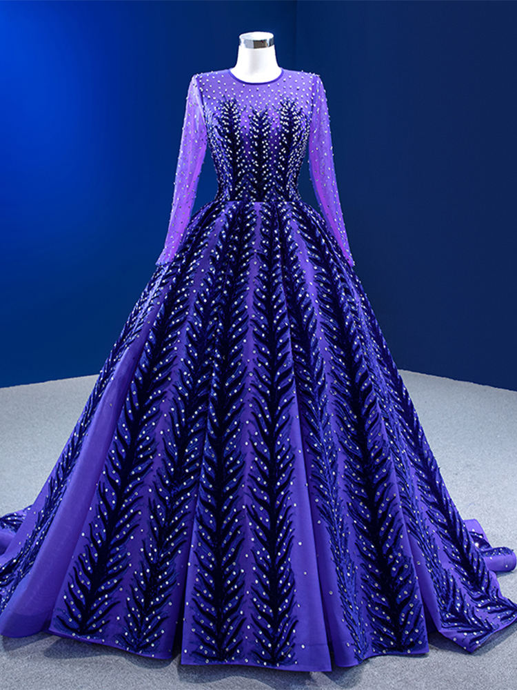 Lace Prom Gown Purple Sequin Elegant Long Sleeve Evening Dress - Image 2