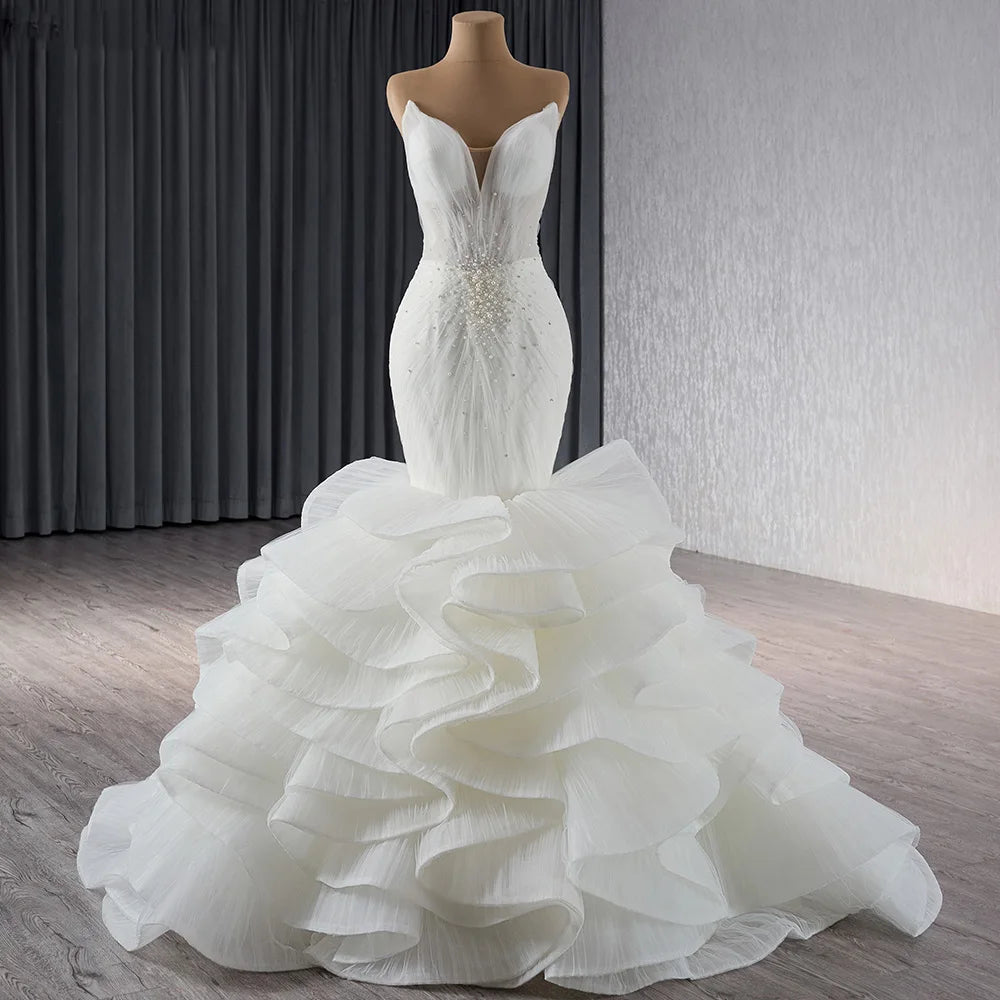 Beach Sleeveless Pearls Mermaid Wedding Bridal Dresses