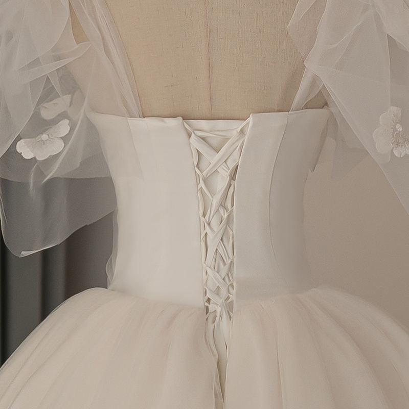 Princess Puff Sleeve Ball Gown Organza Floral Print Wedding Dress - Image 5