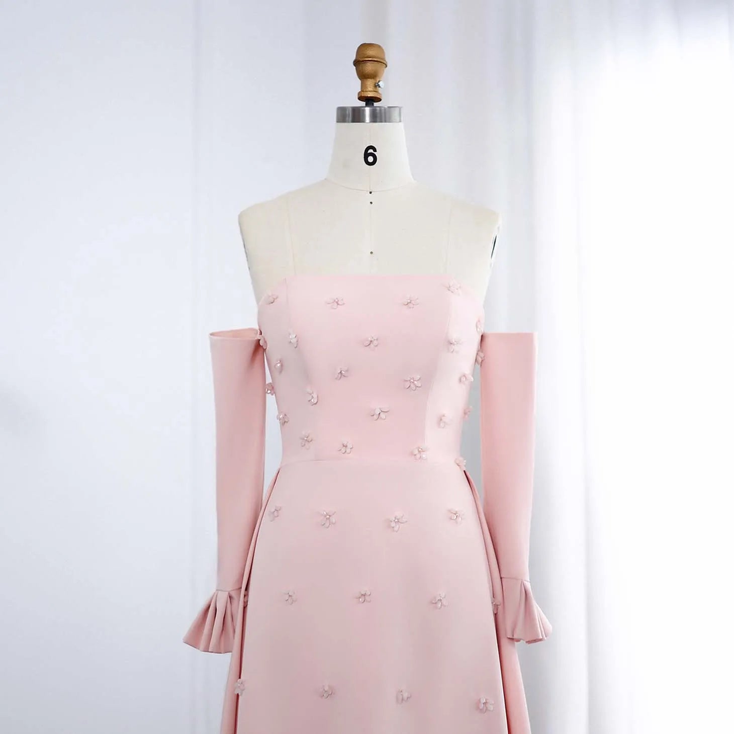 Elegant Strapless 3D Floral Beaded Pink Evening Dress with Long Sleeves Overskirt for Women Wedding - Image 4