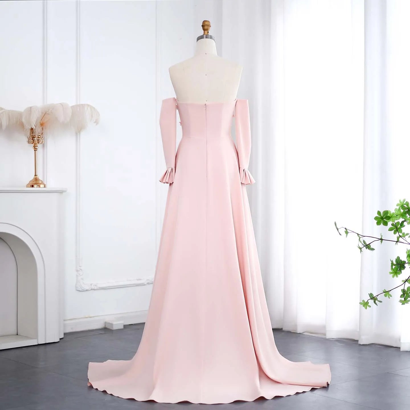 Elegant Strapless 3D Floral Beaded Pink Evening Dress with Long Sleeves Overskirt for Women Wedding - Image 3