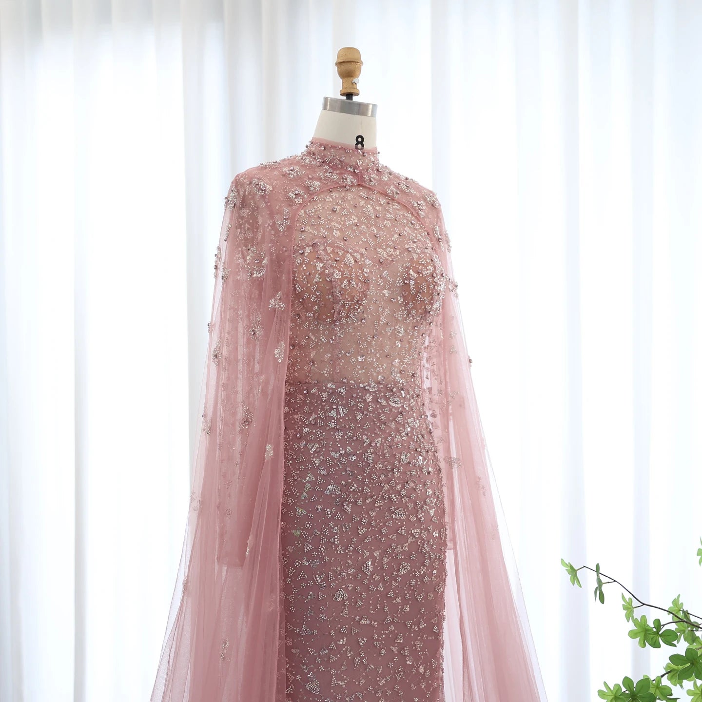 Luxury Dubai Pink Evening Dress with Cape Long Sleeves Mermaid Sage Green Women Wedding Party Gown - Image 13