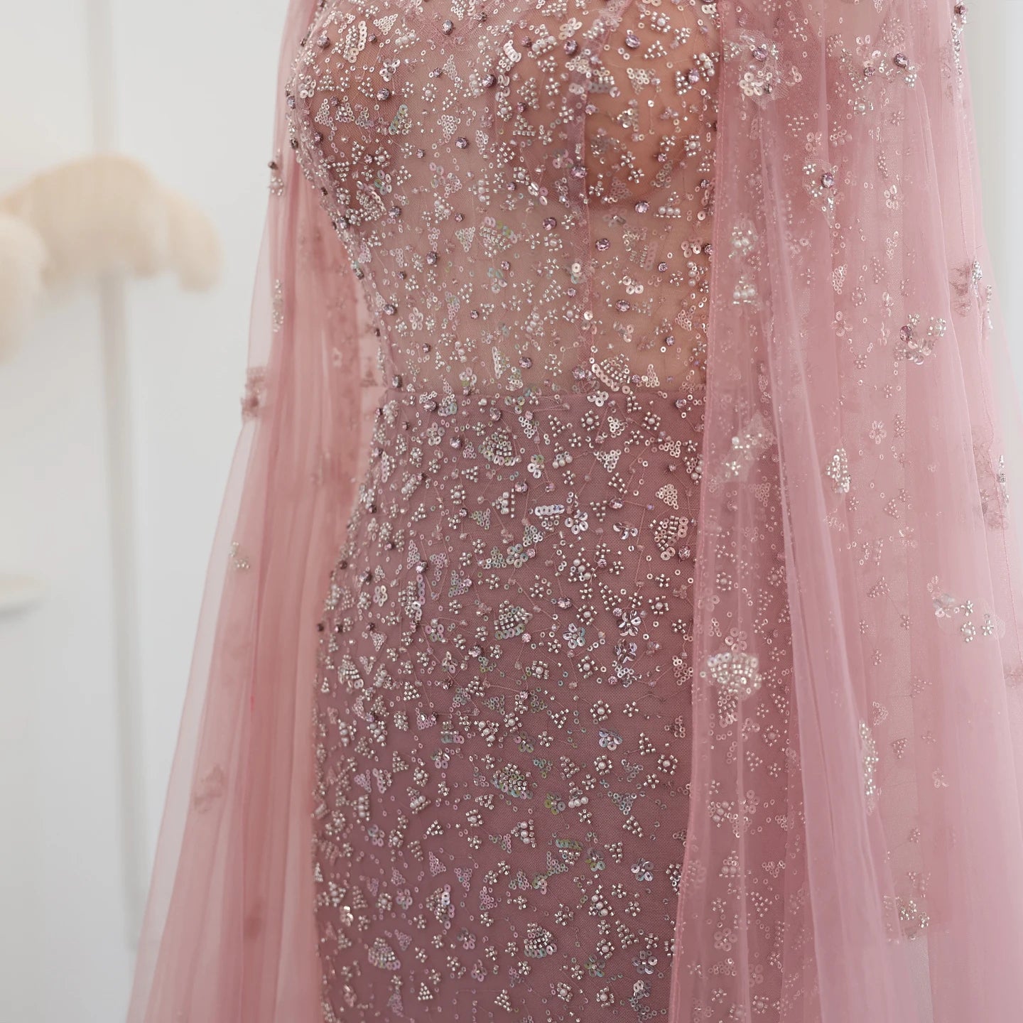 Luxury Dubai Pink Evening Dress with Cape Long Sleeves Mermaid Sage Green Women Wedding Party Gown - Image 11