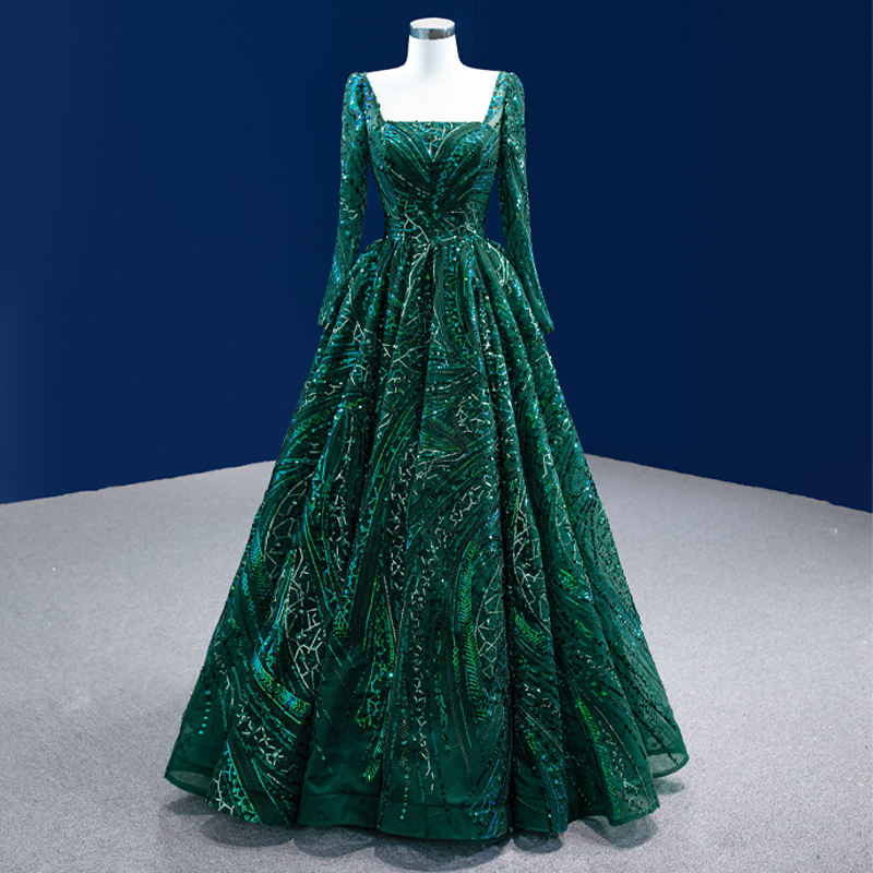 Elegant Long Sleeve Green Floor Length Evening Gown Dress