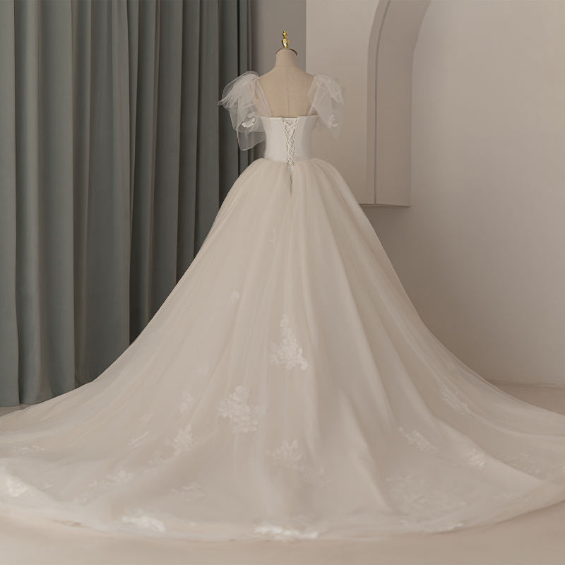 Princess Puff Sleeve Ball Gown Organza Floral Print Wedding Dress - Image 4