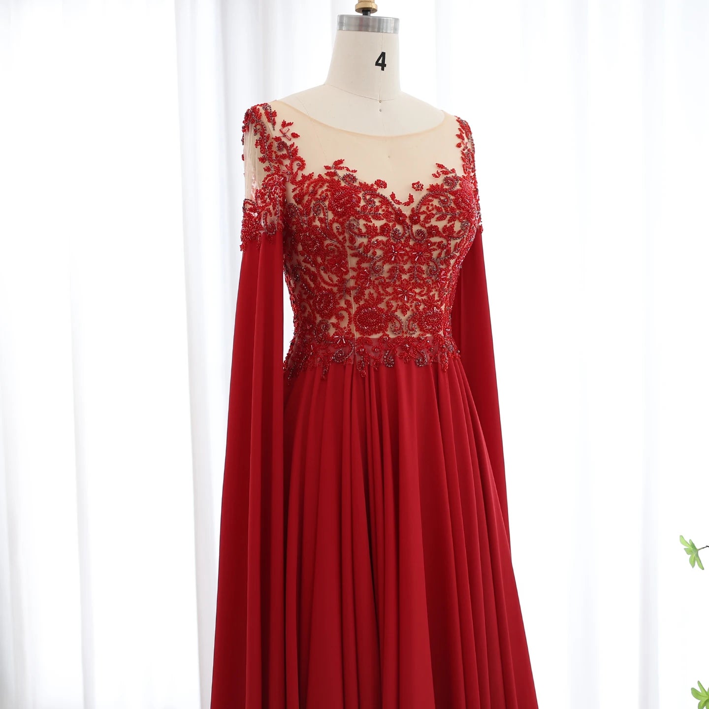 Elegant Wine Red Chiffon Beaded Luxury Evening Dress with Cape Sleeves for Wedding Party Gowns - Image 5