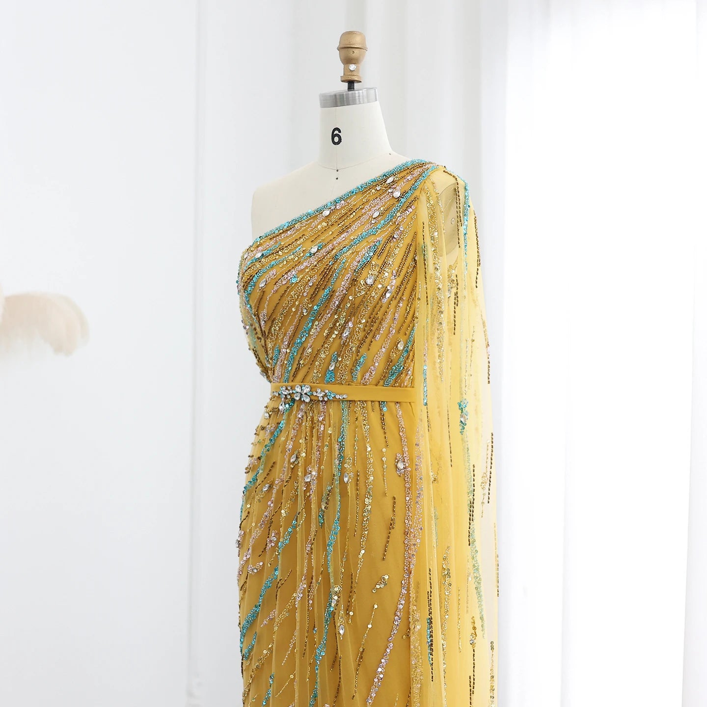 Luxury One Shoulder Gold Yellow Evening Dress with Cape Elegant Women Wedding Formal Party Gowns - Image 3