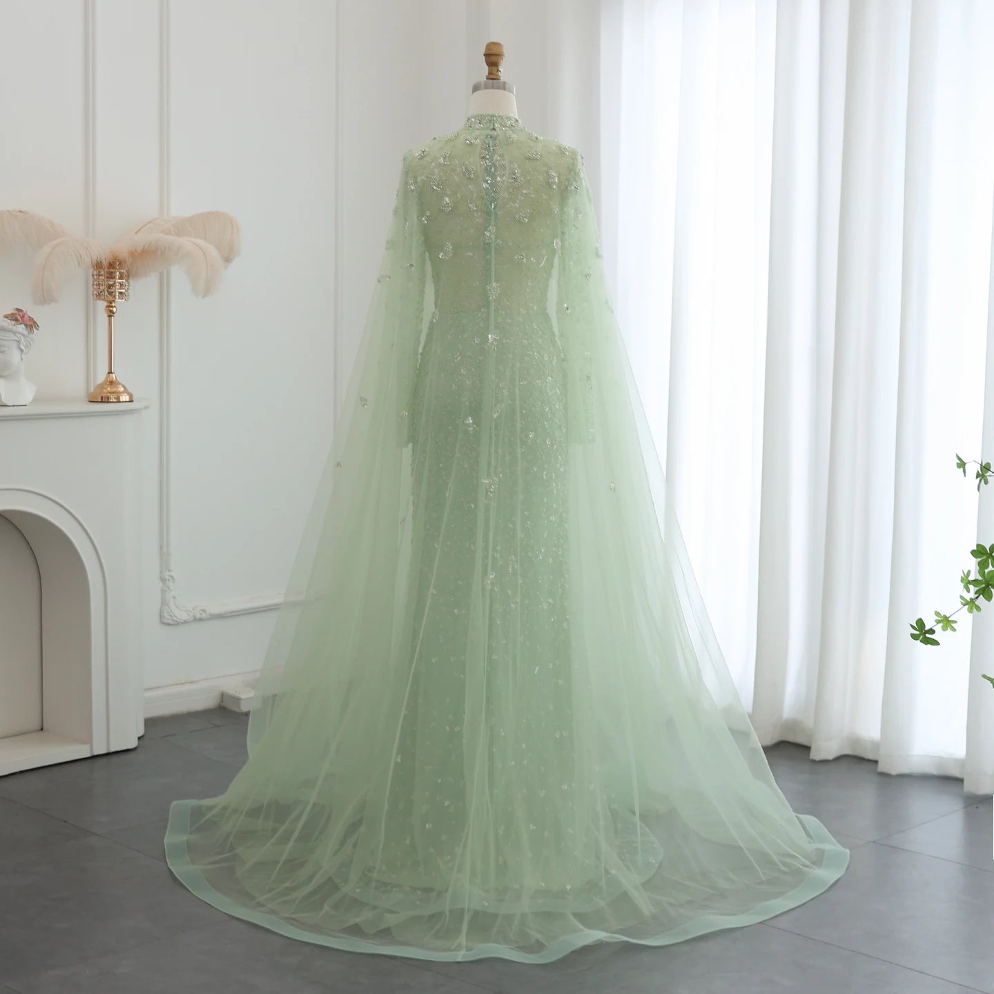 Luxury Dubai Pink Evening Dress with Cape Long Sleeves Mermaid Sage Green Women Wedding Party Gown - Image 8