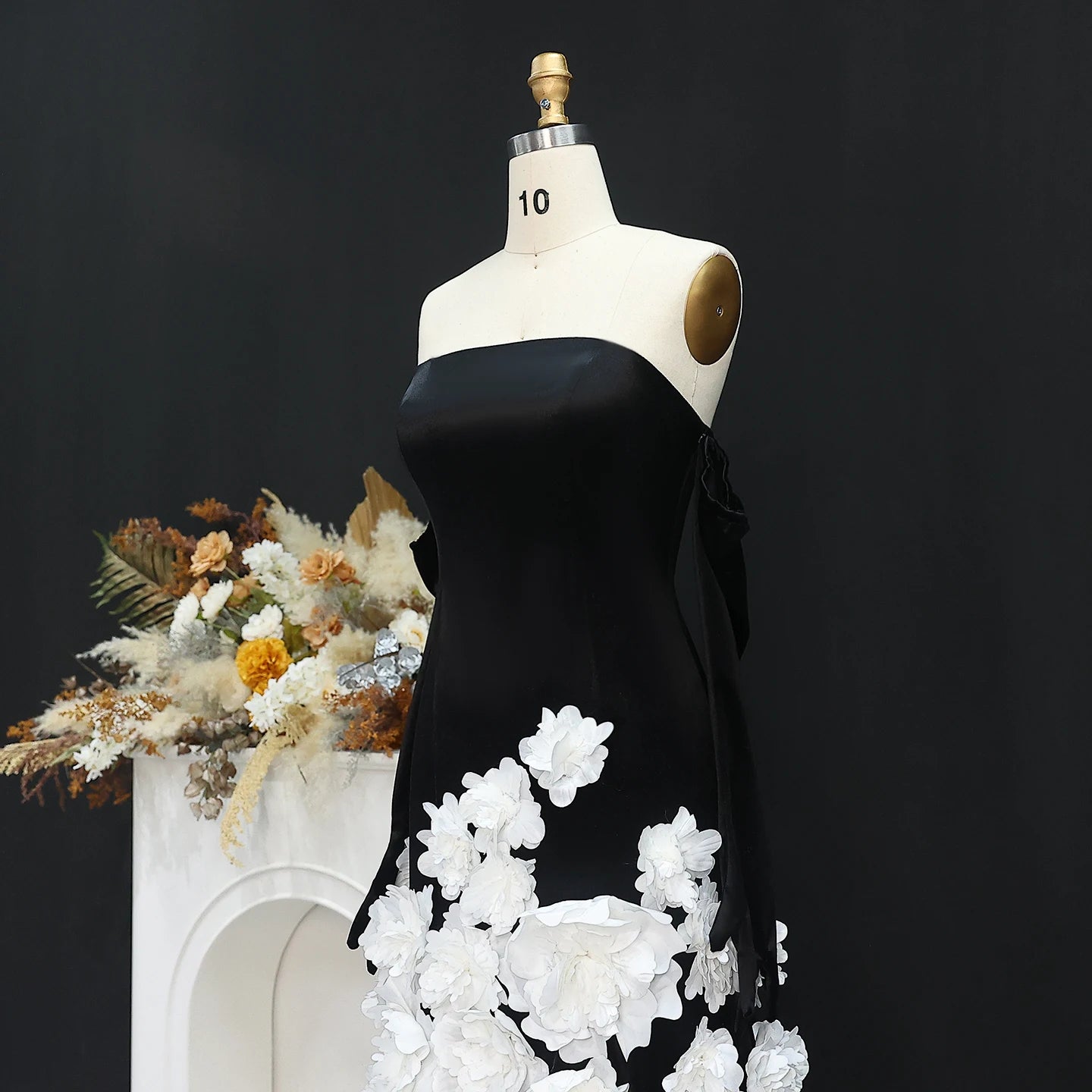 Luxury Black Velvet Strapless Evening Dress with Gloves 3D Flowers Women Wedding Party Gowns - Image 4