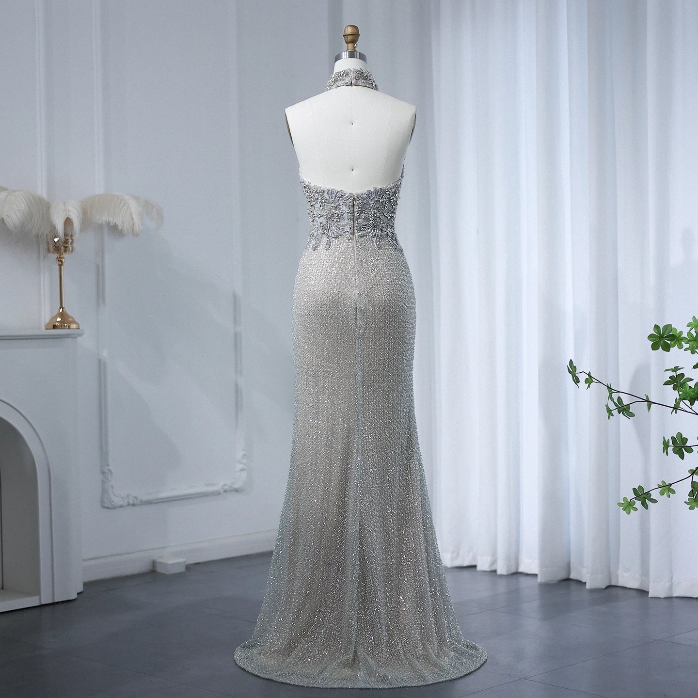 Elegant Halter Silver Nude Beaded Luxury Evening Dress for Wedding Backless Formal Party Gowns - Image 5