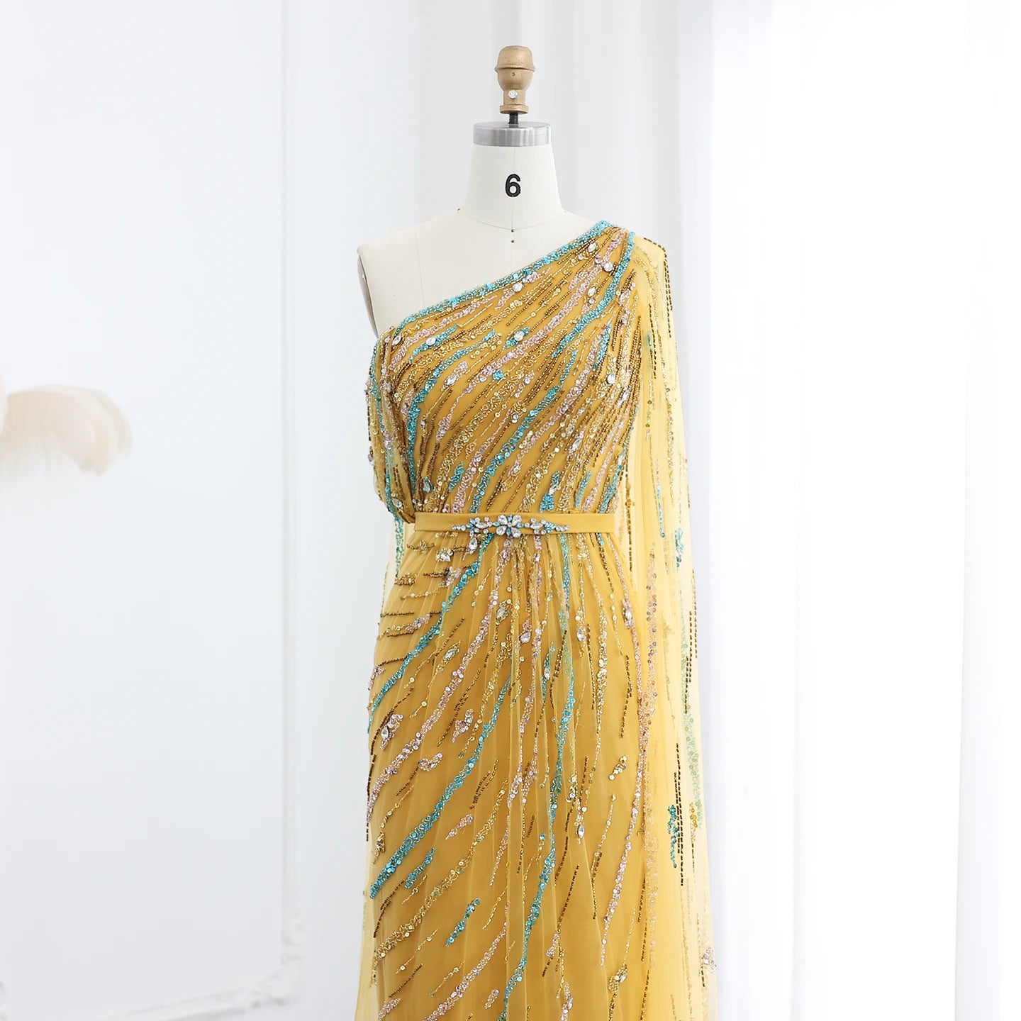Luxury One Shoulder Gold Yellow Evening Dress with Cape Elegant Women Wedding Formal Party Gowns - Image 2