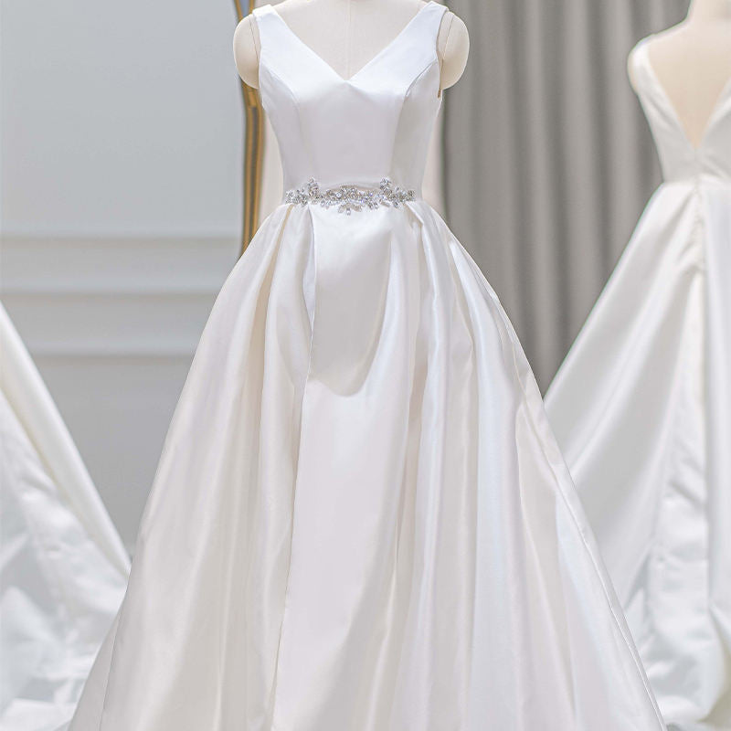 Formal White Satin V-neck Tank Sashes Crystals Ball Gown Sleeveless Wedding Dress