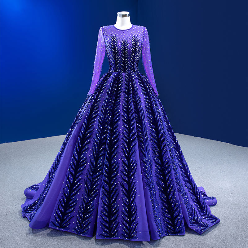 Lace Prom Gown Purple Sequin Elegant Long Sleeve Evening Dress - Image 7