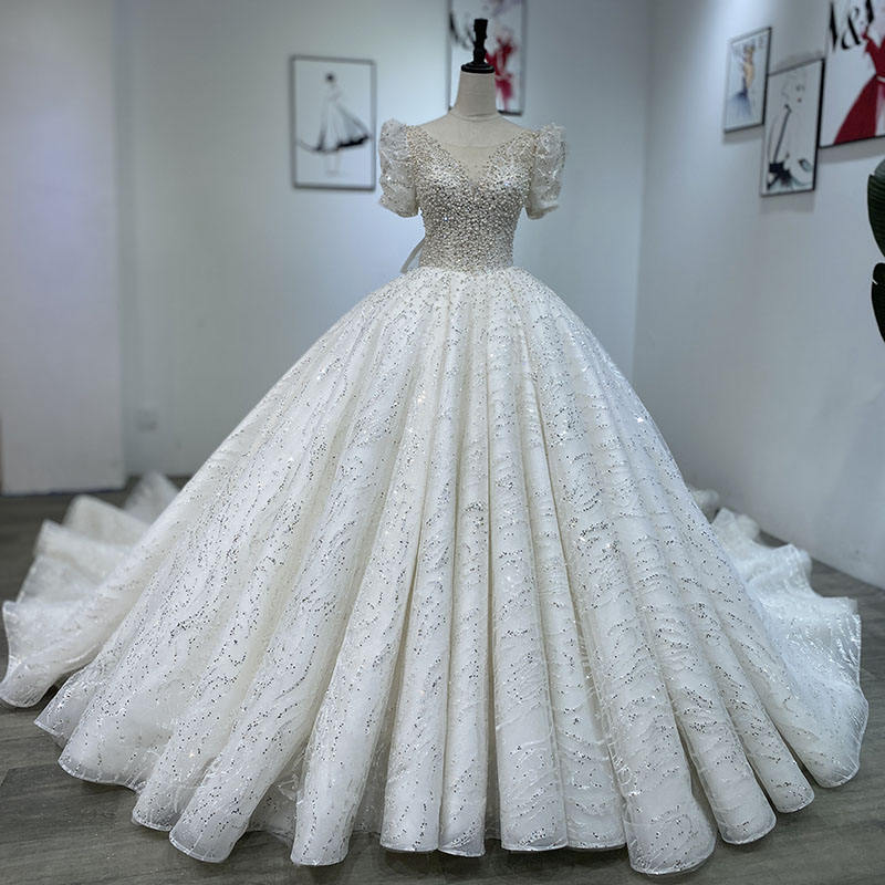 White Luxury Sequins Modest Ball Gown Bridal Wedding Dress With Tail