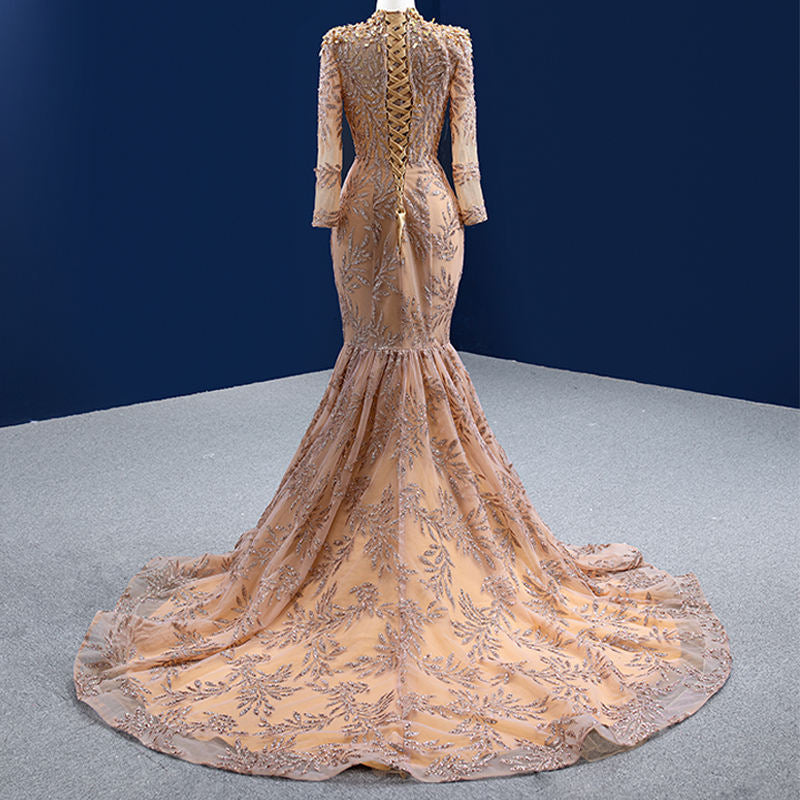 Champagne Long Sleeve Elegant Sexy High Neck Mermaid Evening Prom Dress - Image 5
