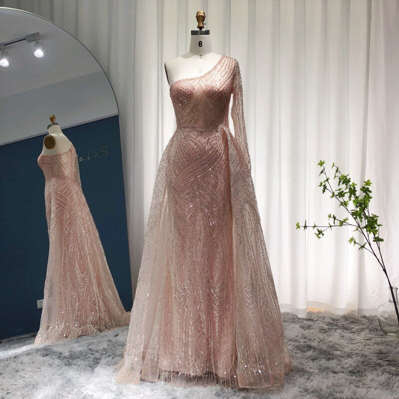 Elegant Blush Pink One Shoulder Evening Dresses with Overskirt Long Sleeve Luxury Beaded Mermaid Formal Dress for Women Wedding