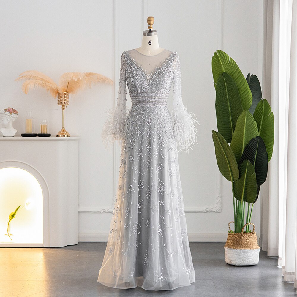 Elegant Feathers Long Sleeves Evening Dresses Luxury Beaded Women Wedding Formal Party Gowns