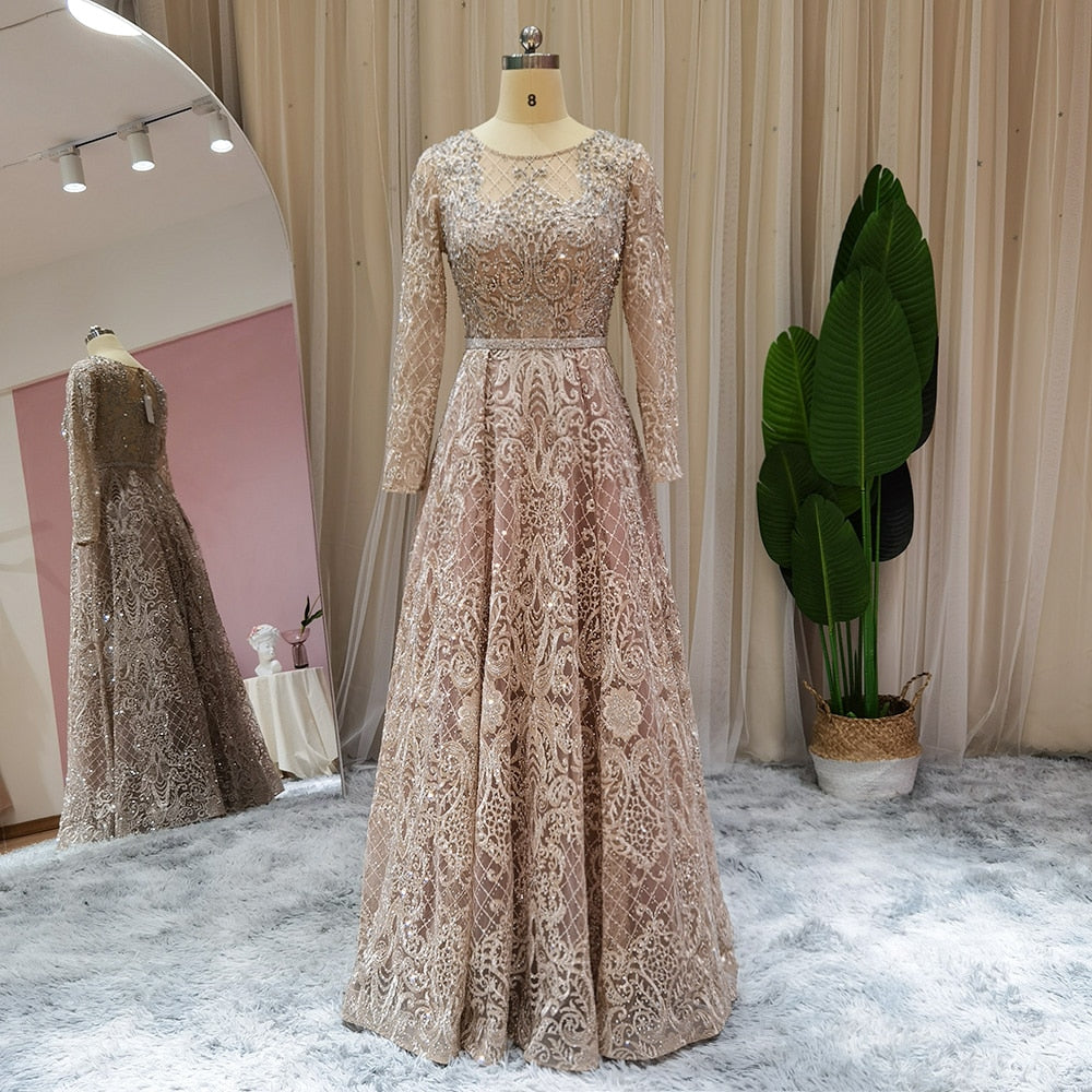 Elegant Nude Evening Dress Long Sleeve Luxury Crystal Formal Dresses for Wedding Guest Party