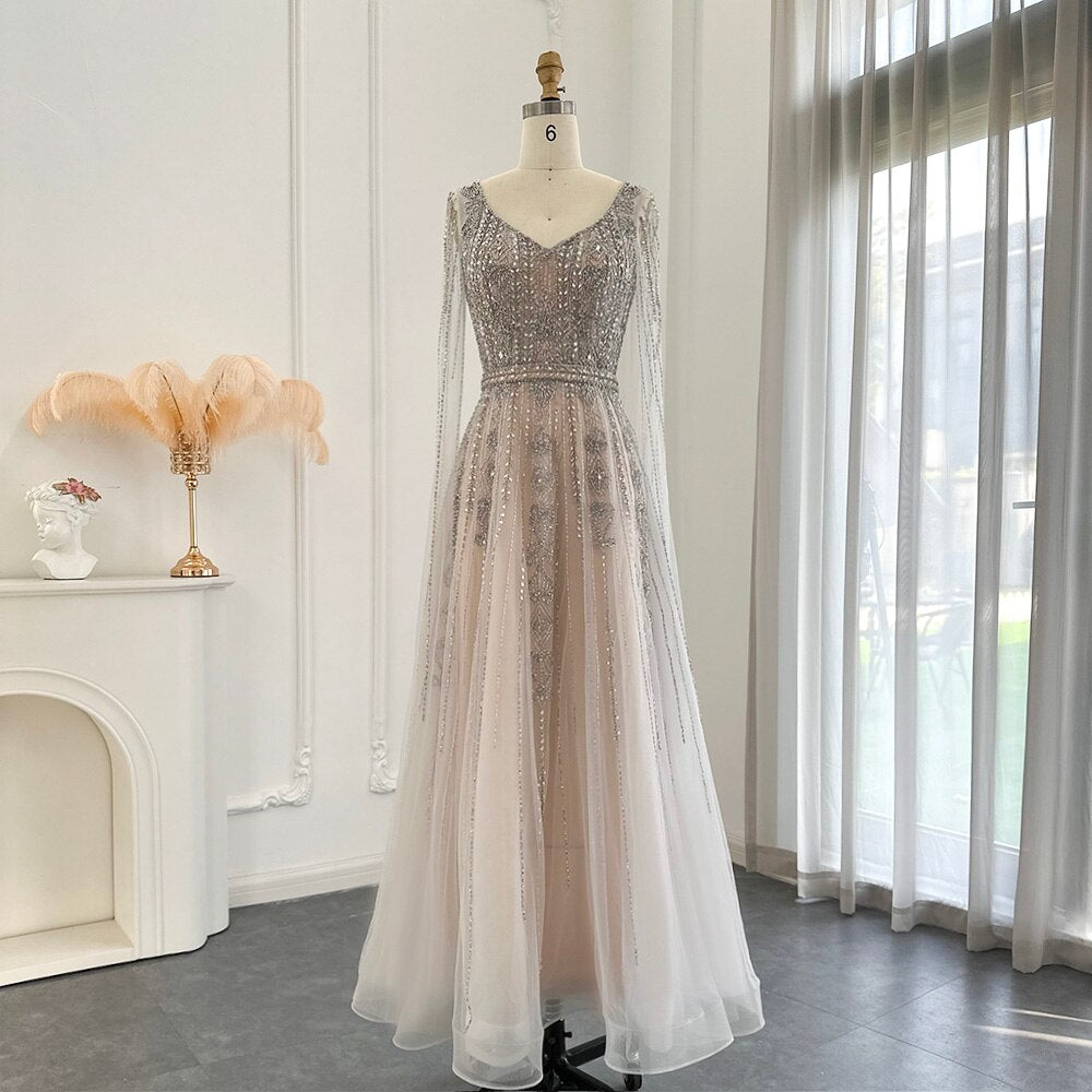 Elegant Silver Nude Evening Dress with Cape Sleeve Luxury Crystal Prom Formal Dresses for Women Wedding Party