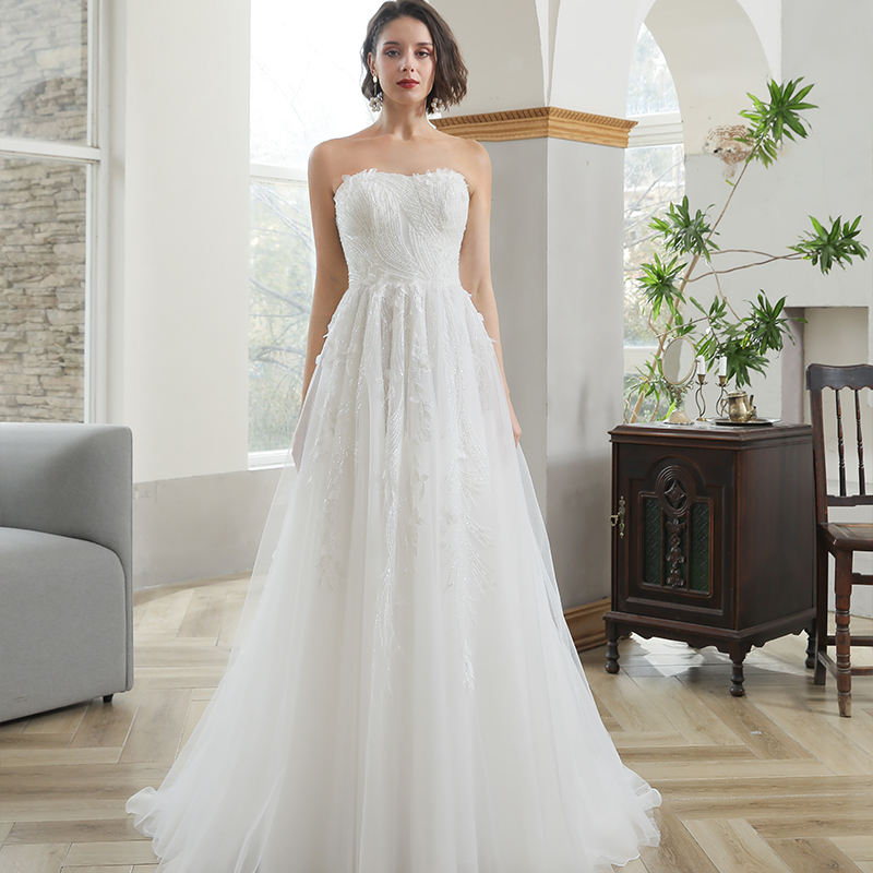 Formal Strapless Zipper A-Line Flowers Sleeveless Floor-Length Wedding Dress